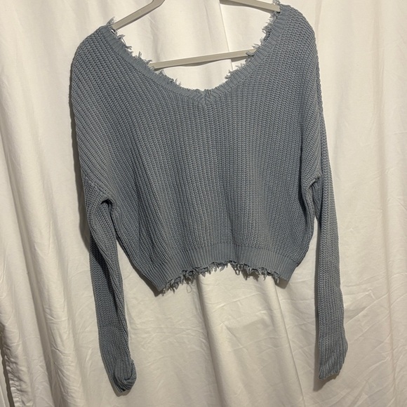 Jessica Simpson Sweaters - Jessica Simpson V-Neck Frayed Hem Sweater in Blue